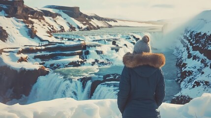 Freedom tourist woman enjoying on viewpoint of Gullfoss waterfall or Golden Falls with extreme hvita river flowing in canyon on winter at Iceland - obrazy, fototapety, plakaty