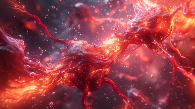 Polygonal blood vessels with nanobot repair squads depicted in a dynamic red hued bloodstream full of glowing cells and particles