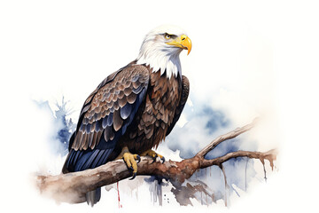 Bald eagle, side view, perched in a tree. Digital watercolour with soft background. - 740801315