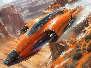 Racer in an anti gravity pod speeding along the vertical cliffs of a grand canyon defying gravity