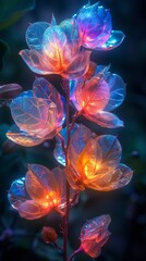 Rainbow colored chlorophyll structure entangled in a vine of real glowing bioluminescent flowers