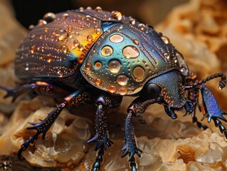Raindrop balanced on a jewel beetles shell casting prismatic light onto an ancient mystical rune stone