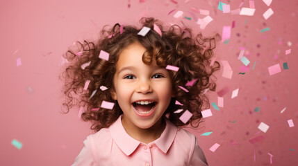 Happy Birthday of a little girl with confettis on pink background