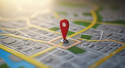 Location marking with a pin on a map with routes. Adventure, discovery, navigation, communication, logistics, geography, transport and travel theme concept background.