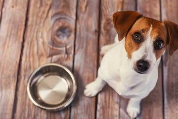 Adorable dog eagerly anticipating mealtime on wooden floor by food bowl. Concept Pet Photography,...