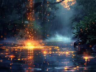 Raindrop falling through a fireflys glow creating a sparkling cascade of light in the twilight