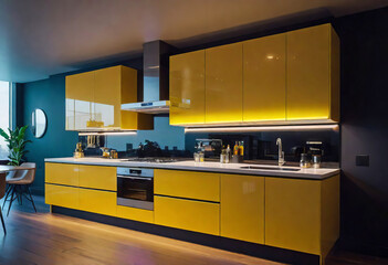 Modern Kitchen Design with Yellow Cabinets, Oak Veneer Panels, Appliances, Neon Lighting, Light and Airy Kitchen Aesthetic with Colorful Accents and Accessories, Cozy Modern Kitchen Design,