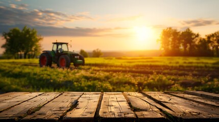 Empty wooden table top with farm landscape whit tractor during the spring, sunset light background. agriculture concept. for display or montage your products. 