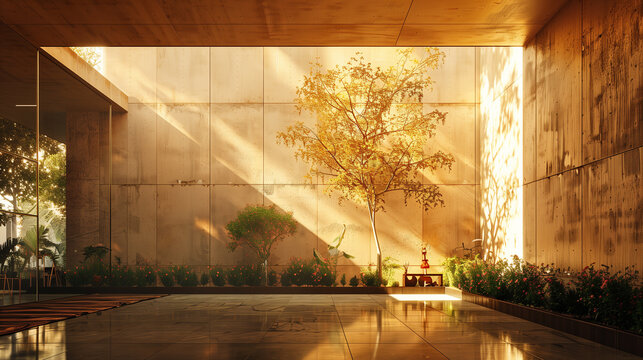 Golden sunset light casts a beautiful pattern of tree shadows on the walls of a modern courtyard with lush greenery.