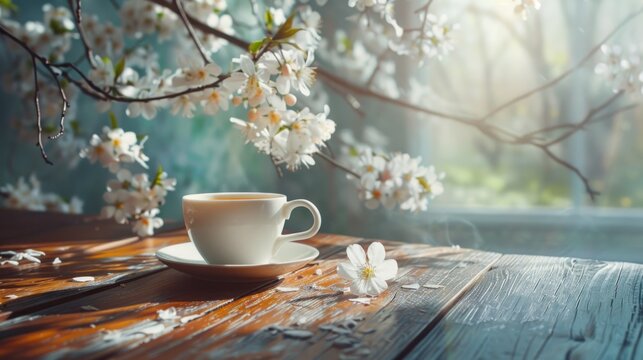 A cup of tea with beautiful floral spring nature background. AI generated image