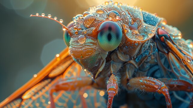 Raindrop on a cicadas wing vibrating with the creatures song opening rifts to unseen dimensions