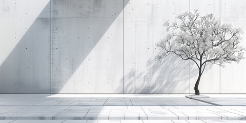 A single tree casts a delicate shadow on a stark concrete wall, exemplifying minimalist design and the interplay of nature with urban architecture.