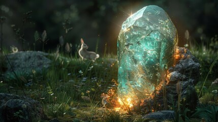 Raw silver with turquoise in a lush green meadow where a family of rabbits emerges from the underbrush intrigued by the stones glow in the twilight - obrazy, fototapety, plakaty