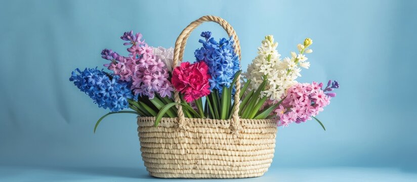 A straw bag with hyacinth and carnation blossom flowers on blue background. AI generated image