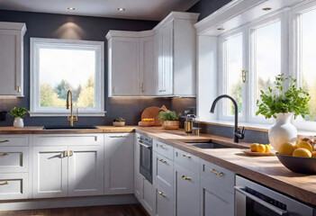 Fototapeta premium Bright country style kitchen design with bright accents, appliances, pleasant lighting, light and airy kitchen aesthetic with bright accents and accessories, cozy modern kitchen design,