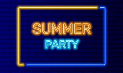 Neon sign summer party in speech bubble frame on brick wall background vector. Light banner on wall background. Summer party button beach disco, design template, neon signboard