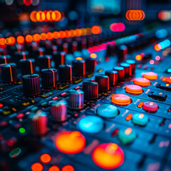 Obraz premium A close-up view of sound mixer console in a recording studio