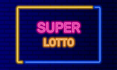 Neon sign super lotto in speech bubble frame on brick wall background vector. Light banner on wall background. Super lotto button bingo game, design template, neon signboard