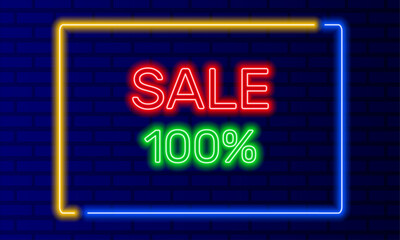 Neon sign 100 percent sale in speech bubble frame on brick wall background vector. Light banner on wall background. 100 percent sale button discounts and promotions, design template, neon signboard