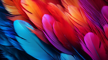 background of bright feathers in blue, violet, pink, red and orange colors