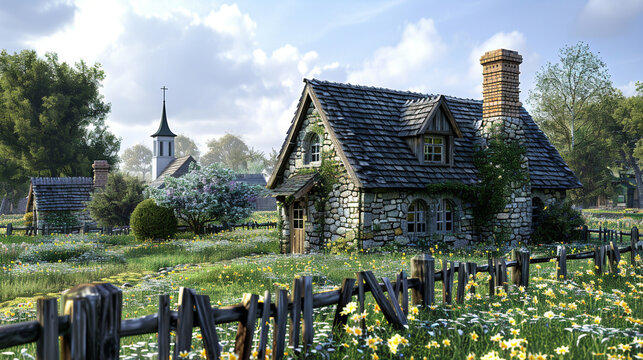 A hyperrealistic image of a stone house with a thatched roof and a chimney. The house is rustic and charming, and has a flower garden and a fence in front of it. The house is located in a countryside 