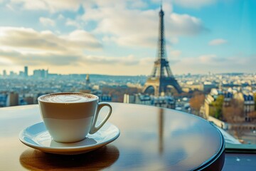 A cup of coffee on a table with a view of the Eiffel Tower in the background.