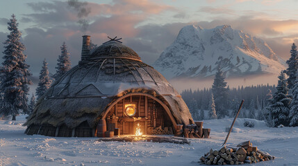 A hyperrealistic image of a straw house with a circular roof and a wooden door. The house is primitive and cozy, and has a fire pit and a pile of logs outside. The house is situated in a snowy landsca - obrazy, fototapety, plakaty
