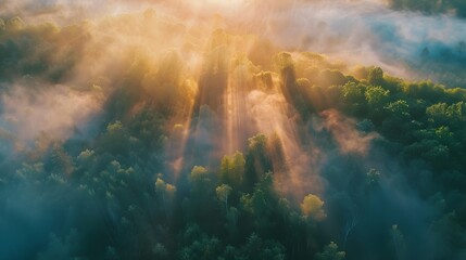 Fog and morning light in the jungle. Beautiful foggy morning Landscape. Aerial view - Powered by Adobe