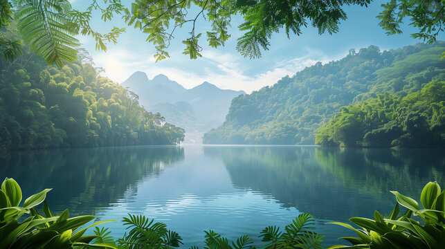 In these nature scenes, a serene lake is embraced by lush foliage under clear skies, creating a picturesque landscape.