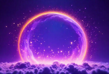 Bizarre magical scene from space floating towards the camera in Z space, animation and abstraction style, abstract purple background,