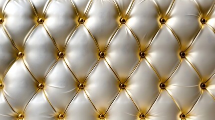 gold leather upholstery. Close-up texture of genuine leather with white rhombic stitching. Luxury background. Sofa close up.