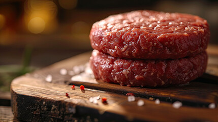 close up raw beef patty on a wooden board - obrazy, fototapety, plakaty