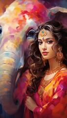 Fototapeta premium Elegant Woman In Red Dress with Colorful Elephant Illustration