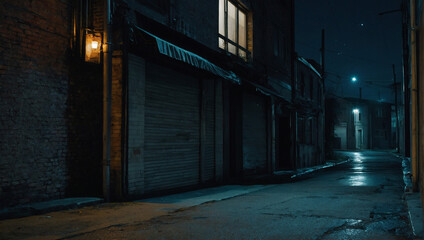 Solitary alley in the city at night, featuring an empty asphalt floor beneath a starlit sky.