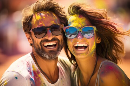 Couple Covered in Holi Colors Laughing Together