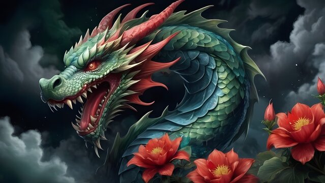 Mystical Green Dragon Amidst Blooming Red Flowers Under Stormy Sky