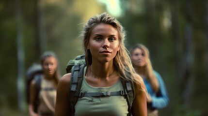 Woman with her multiethnic friends walking in woods. Smiling Female enjoying in hiking with hikers on wild trail among green trees.