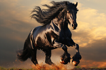 Obraz na płótnie Canvas black friesian stallion galloping at sunset