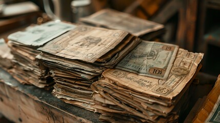 Illustration of vintage banknotes aged by time. Precious relics that capture the essence of distant times. Old notes carry memories.