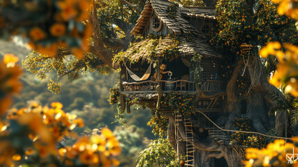 A hyperrealistic image of a tree house with a wooden roof and a ladder. The house is adventurous and cozy, and has a hammock and a telescope on it. The house is located in a jungle, with a vine and a 