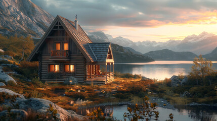 A hyperrealistic image of a wooden house with a triangular roof and a porch. The house is located on a hillside with a view of the mountains and the lake. - obrazy, fototapety, plakaty