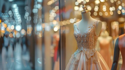 Elegant luxury women's dress on a mannequin in window display in shopping center. Dress for reception or celebration.
 - obrazy, fototapety, plakaty