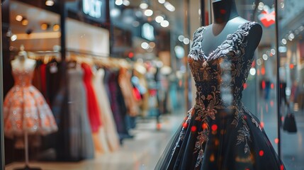 Elegant luxury women's dress on a mannequin in window display in shopping center. Dress for reception or celebration.
 - obrazy, fototapety, plakaty