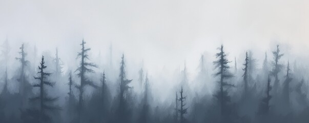 Fototapeta na wymiar A Painting of a Foggy Forest Filled With Trees