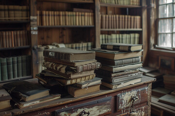 Stack of Old Books sitting on top of a wooden table. window light, library, bookshelf, store