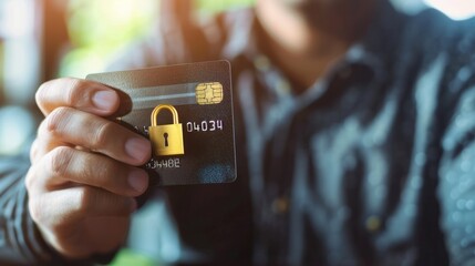 Security technology concept. Man hand holding credit or debit card with padlock, protection of financial transactions. - obrazy, fototapety, plakaty