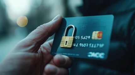 Security technology concept. Man hand holding credit or debit card with padlock, protection of financial transactions.