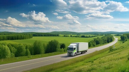 Transportation Truck on a highway road through the countryside in a beautiful green fields.