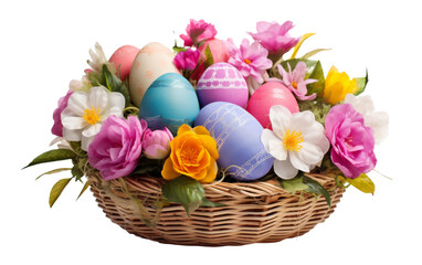 Fototapeta na wymiar Vibrant Easter Egg Assortment in Basket on white background