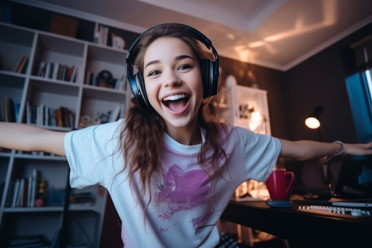 Happy teenage girl with headphones taking photos or films herself in video. Teen girl in her room, win game, music, creative hobby, leisure, domestic entertainment for children at home